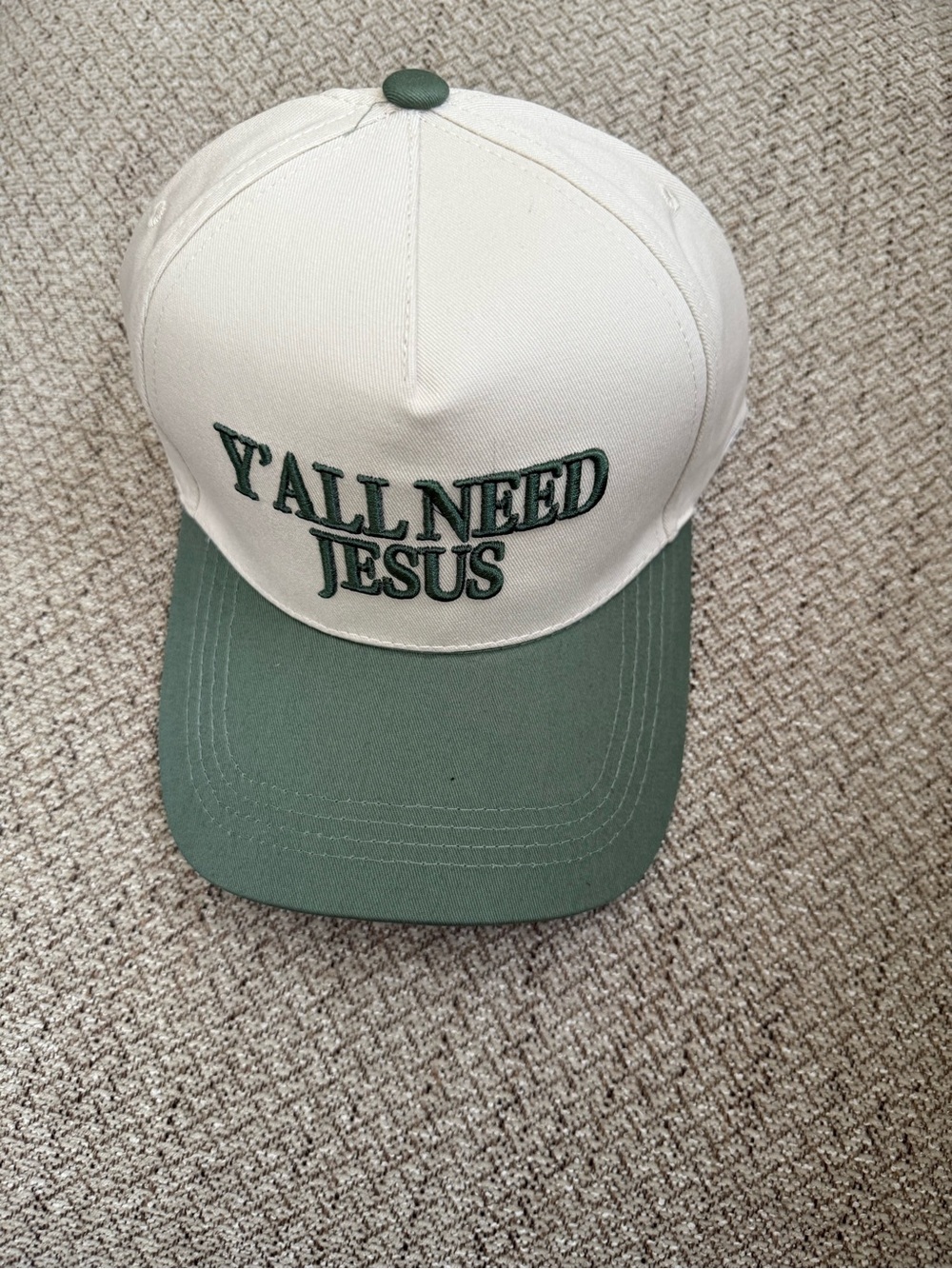 Y'ALL NEED JESUS Two-Tone Trucker Baseball Cap - Cream & Green Adjustable